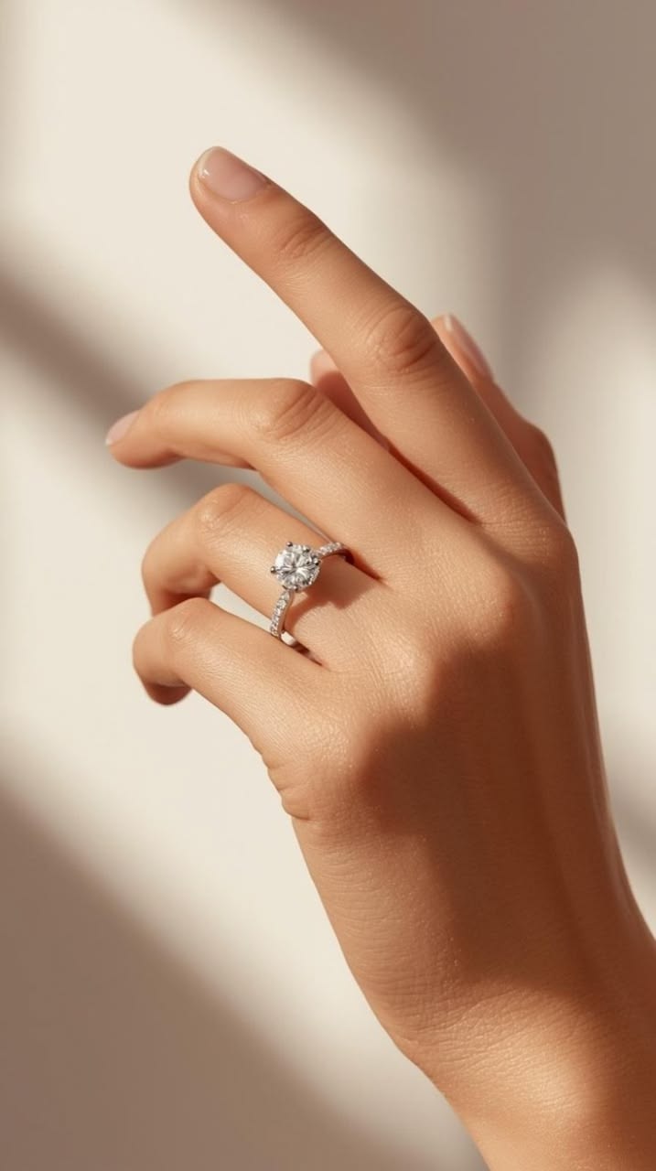 A hand wearing a delicate diamond ring in natural light